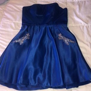 Blue satin homecoming dress.